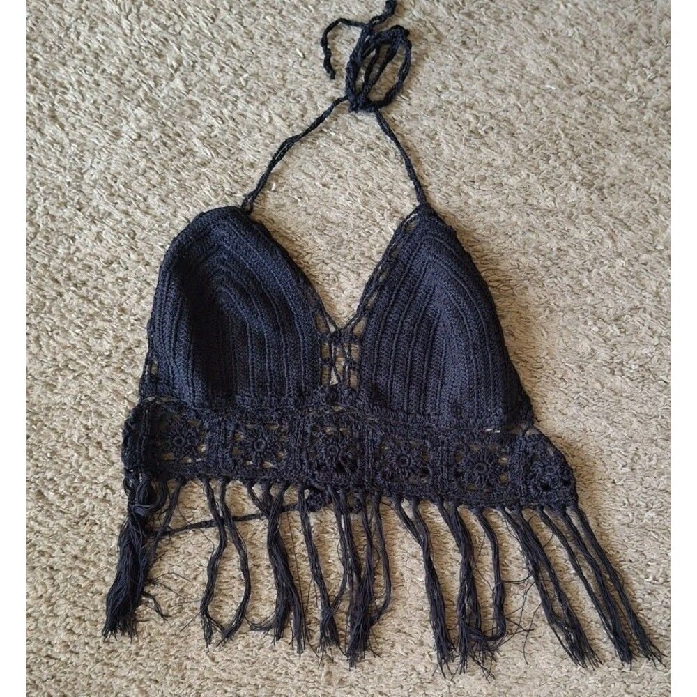 Gypsy Rose Crochet Halter Crop Top Size M/L Black Handmade Festival Hippie Boho